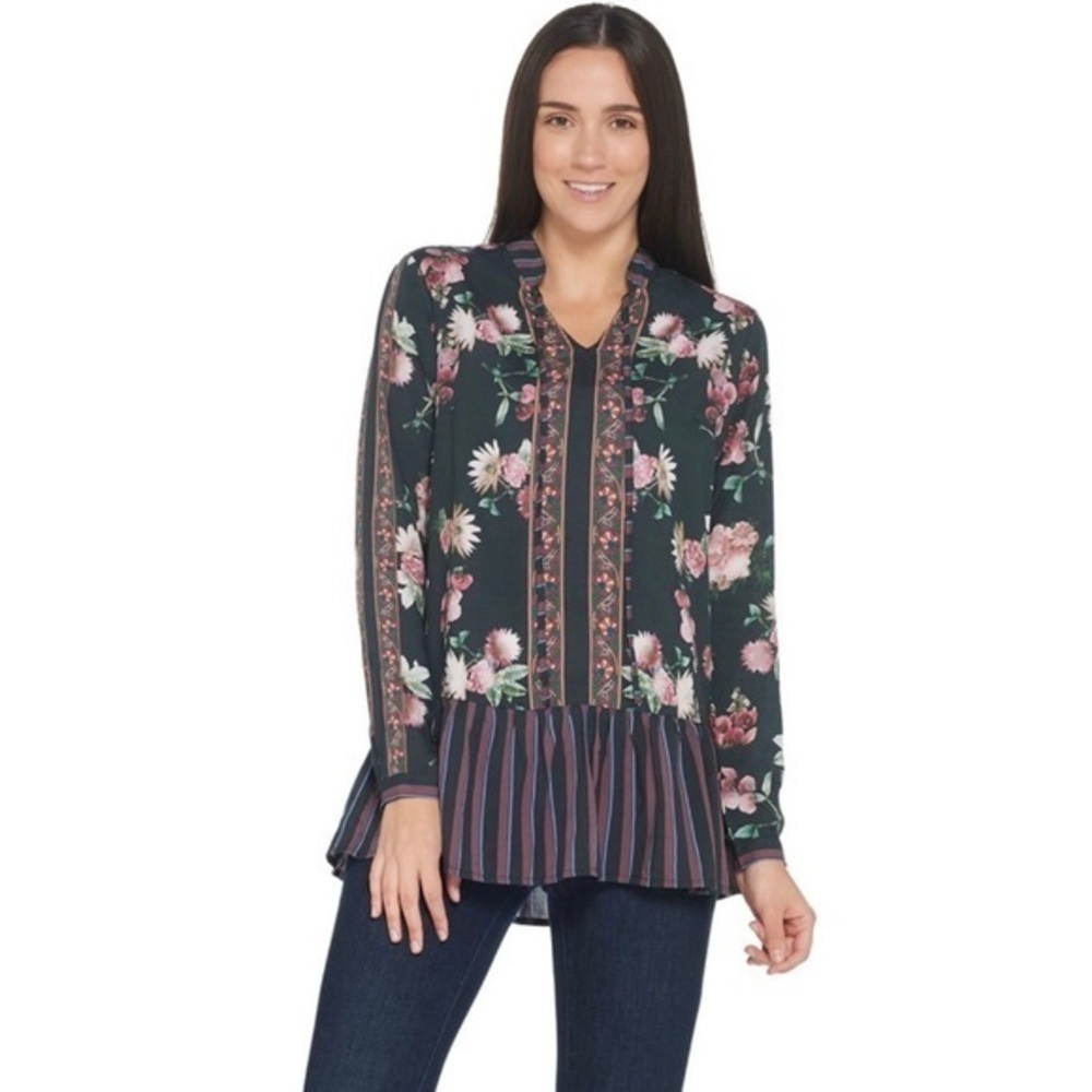 Tolani Collection Printed Woven Ruffle Hemline Top Tunic M